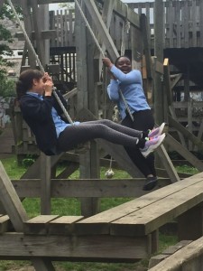 Selina and Marie-Eunice swinging on the ropes